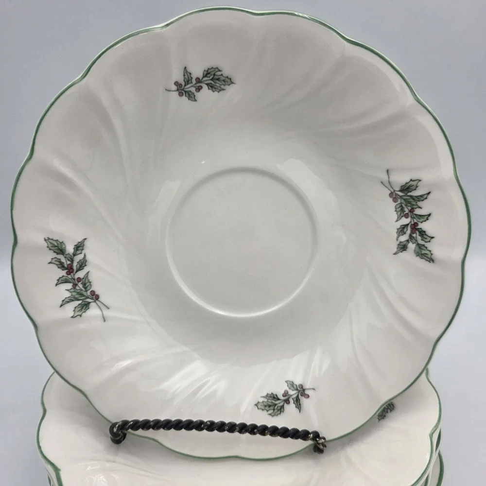 Nikko Happy Holidays Christmas Set of 6 Saucers Porcelain Holly Berry Japan Vtg